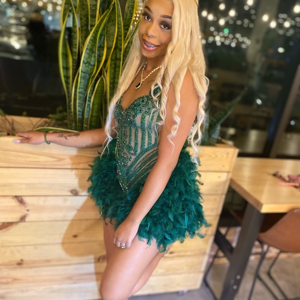 Custom Made Green Sequin Feather Birthday/Prom/Hoco Dress